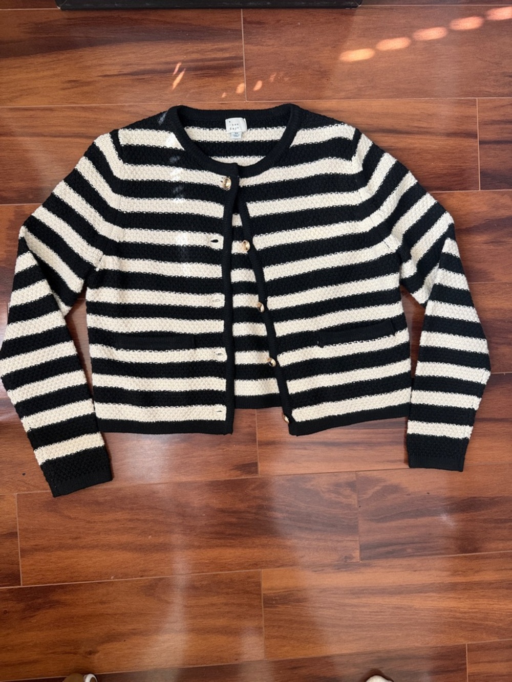 a new day Black and Cream Striped Button-Up Cardigan